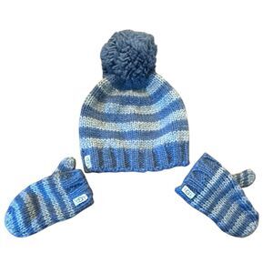 Ugg blue striped boys hat and mitten bundle 2-4 year